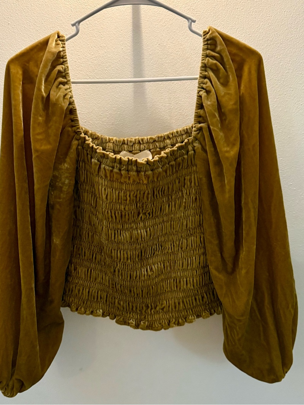 Women's Mustard Smocked Velvet Long-Sleeve Top size small